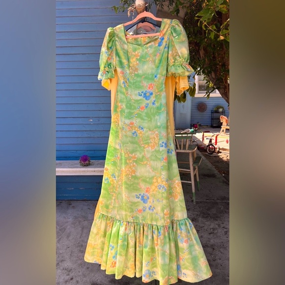 Vintage 70’s Lime Green Satin Prairie Maxi Gown - Picture 2 of 3